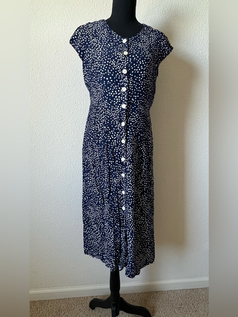 GAP Navy with White Polka Dot Button-Front Midi Dress
